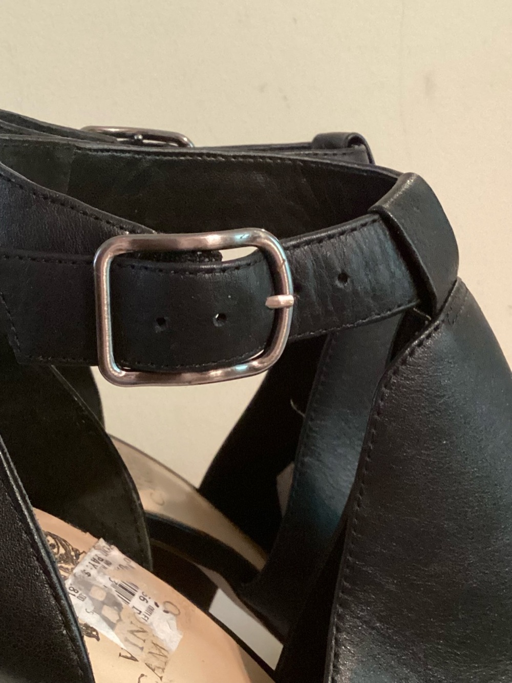 Vince Camuto Black Leather Peep Toe Block Heel Sandals Size 9 - Picture 5 of 10